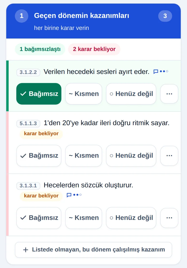 Dönem değerlendirmesi ekranı: geçen dönemin kazanımları için bağımsız, kısmen ve henüz değil düğmeleri