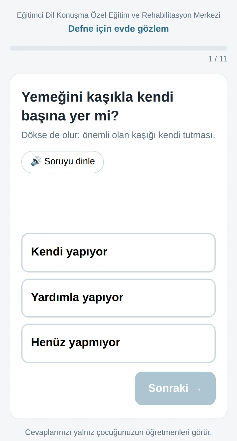 Okul öncesi ev gözlem formu: Yemeğini kaşıkla kendi başına yer mi? sorusu ve üç cevap seçeneği