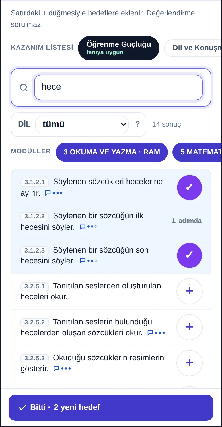 Kazanım listesi: arama kutusu, RAM raporundaki modüller ve her kazanımın yanında hedefe ekleme düğmesi