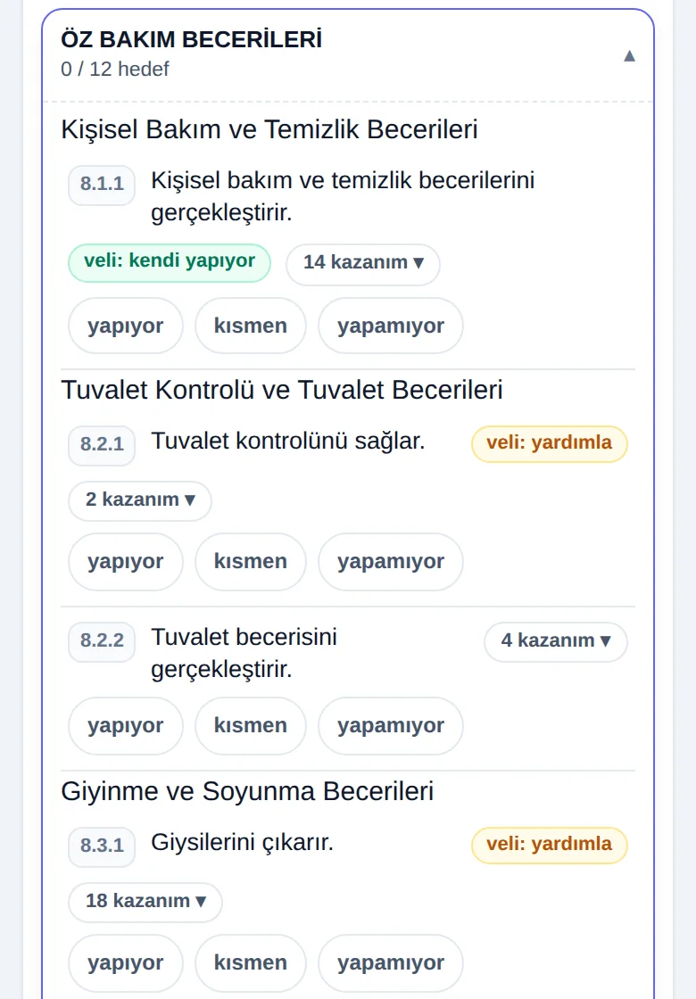 Tarama ekranında hedeflerin yanında veli: kendi yapıyor ve veli: yardımla notları