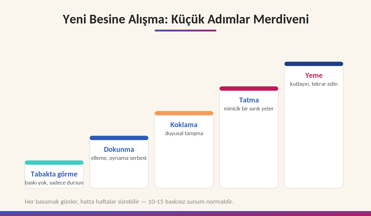Yeni besine alışma merdiveni: tabakta görme, dokunma, koklama, tatma ve yeme basamakları; her basamak günler hatta haftalar sürebilir