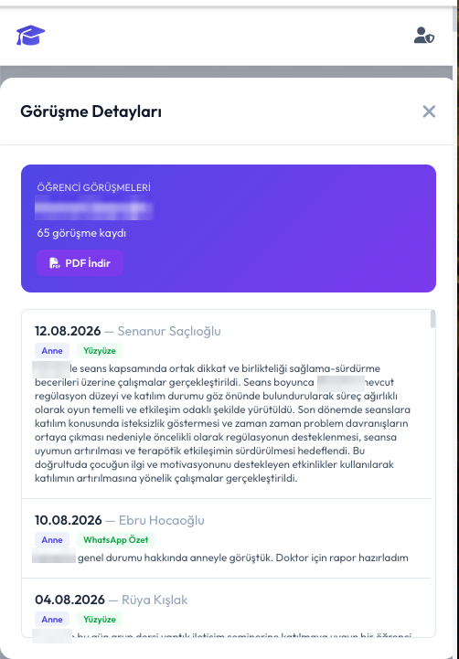 Eğitimci öğrenci takip sisteminde bir öğrencinin veli görüşme kayıtları: tarih, öğretmen, görüşme türü ve seans içeriği
